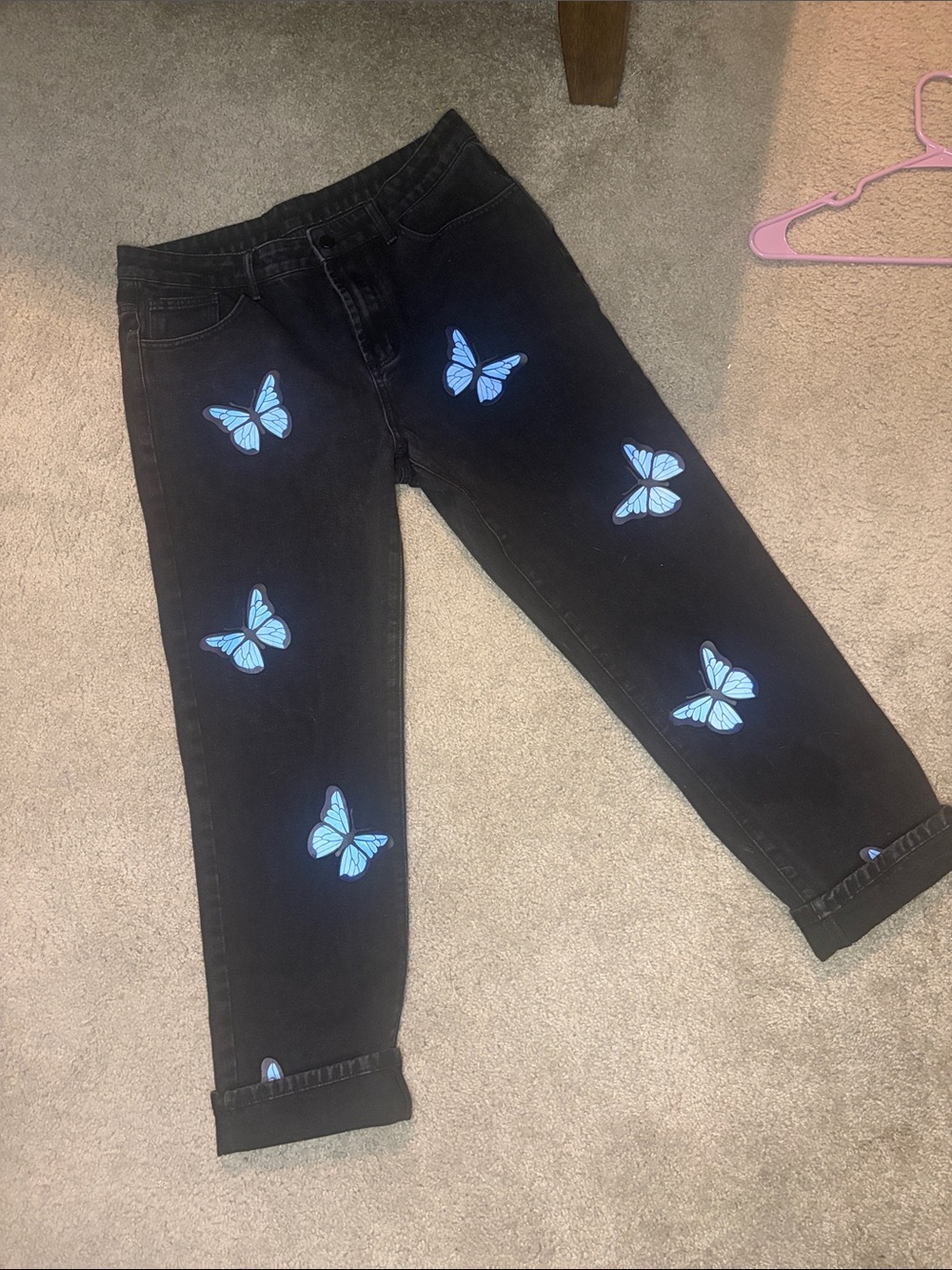 Black Straight Leg Jeans with Blue Butterfly Print
